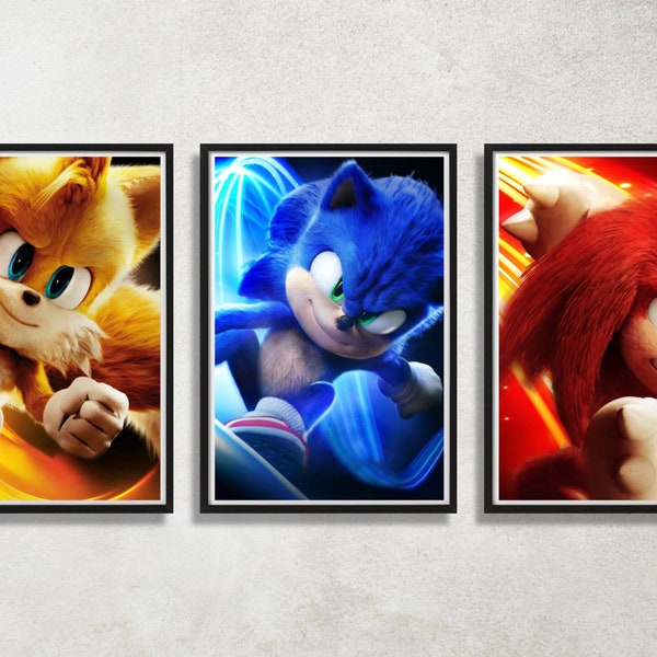 Set van 3 Sonic the Hedgehog digitale downloadposterbundel voor slaapkamerinrichting, feestinrichting, speelkamerinrichting, enz