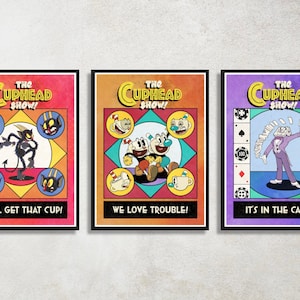 Set of 3 Cuphead Digital Download Poster Bundle for bedroom decor, party decor, game room decor, etc