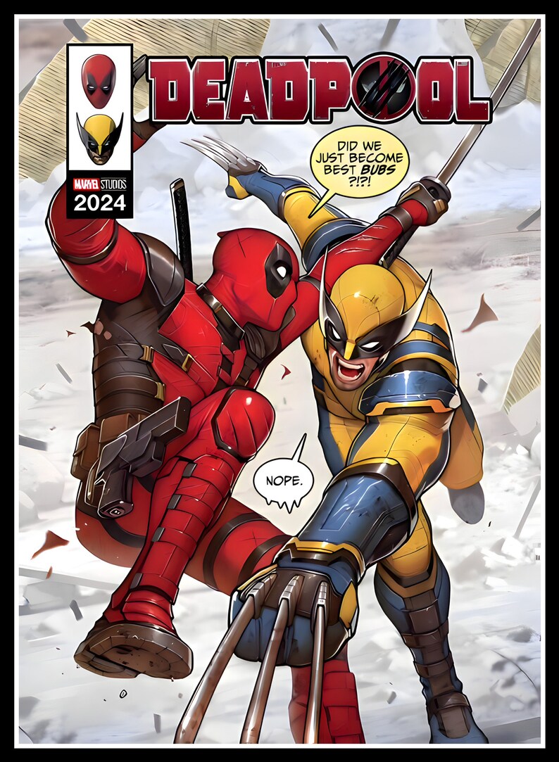 Puede incluir: Una portada de c&oacute;mic con Deadpool y Wolverine en una pelea. Deadpool lleva su traje rojo y negro caracter&iacute;stico, mientras que Wolverine lleva su traje amarillo y azul. El texto de la portada dice "Deadpool" y "Did we just become best bubs?!".