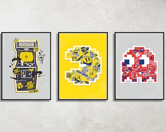 Set of 3 Pac-Man Digital Download Poster Bundle for bedroom decor, party decor, game room decor, etc