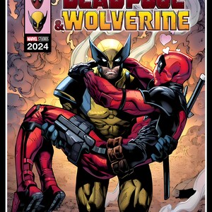 Puede incluir: Una portada de c&oacute;mic con Deadpool y Wolverine. Deadpool lleva su traje rojo y negro caracter&iacute;stico y es llevado por Wolverine, que lleva su traje amarillo y azul. La portada tiene el t&iacute;tulo "Deadpool & Wolverine" y el texto "Marvel Studios 2024".
