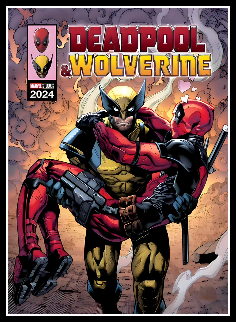 Puede incluir: Una portada de c&oacute;mic con Deadpool y Wolverine. Deadpool lleva su traje rojo y negro caracter&iacute;stico y es llevado por Wolverine, que lleva su traje amarillo y azul. La portada tiene el t&iacute;tulo "Deadpool & Wolverine" y el texto "Marvel Studios 2024".