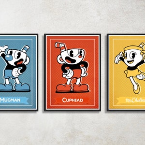 Set of 3 Cuphead Digital Download Poster Bundle for bedroom decor, party decor, game room decor, etc