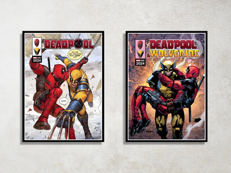 Puede incluir: Dos portadas de c&oacute;mics con Deadpool y Wolverine. La primera portada muestra a Deadpool y Wolverine luchando, con Deadpool con un traje rojo y negro y Wolverine con un traje amarillo y azul. La segunda portada muestra a Deadpool cargando a Wolverine, que est&aacute; inconsciente, con Deadpool con un traje rojo y negro y Wolverine con un traje amarillo y azul.