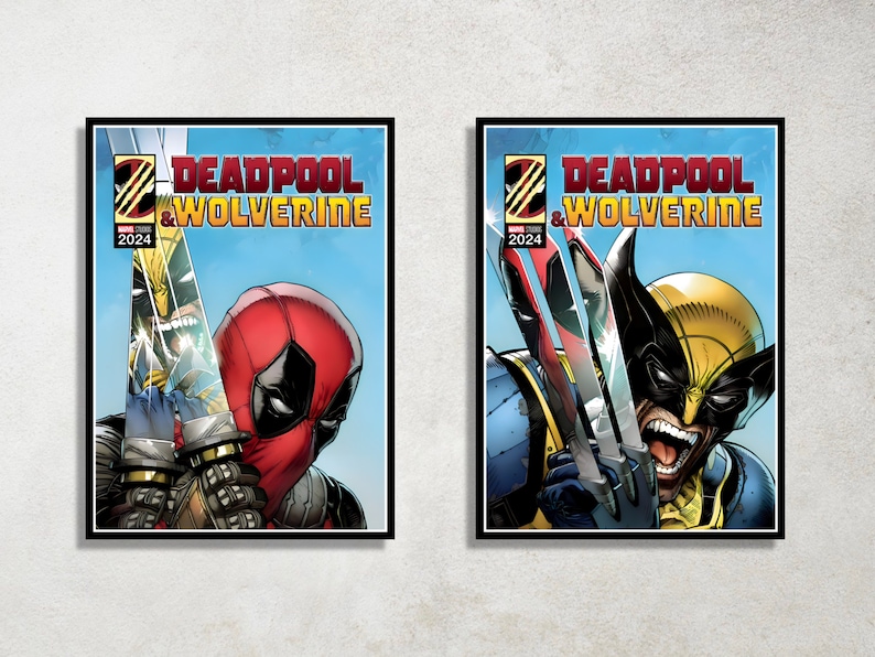 Puede incluir: Portada de c&oacute;mic con Deadpool y Wolverine, ambos con sus garras afuera, sobre un fondo de cielo azul. El t&iacute;tulo "Deadpool & Wolverine" est&aacute; impreso en letras rojas y negras.