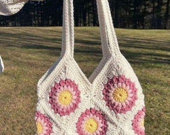 bolso rosa Bolso cuadrado de crochet, bolso grande, bolso de mano de mujer, bolso de hombro de crochet