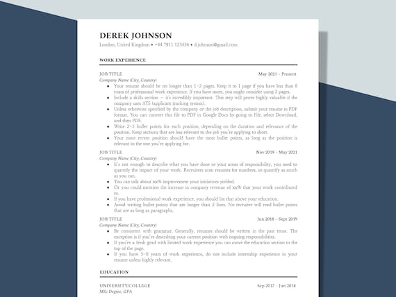 Minimalist Simple CV Resume Template for Word, Google Docs, 1 Page Resume, Single Column Resume Template, One Column Resume, Modern Resume