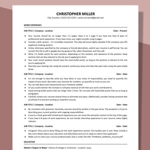 May include: A resume template with tips for writing a professional resume. The template includes sections for work experience, education, and skills. The text advises on using bullet points, quantifying achievements, and keeping the resume concise.