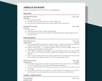 Fresh grad CV Resume Template for Word, New Graduate Resume, 1 Page Resume, Google Docs, No experience resume, Modern Resume