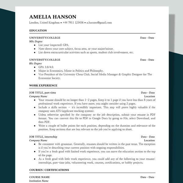 Fresh grad CV Resume Template for Word, New Graduate Resume, 1 Page Resume, Google Docs, No experience resume, Modern Resume