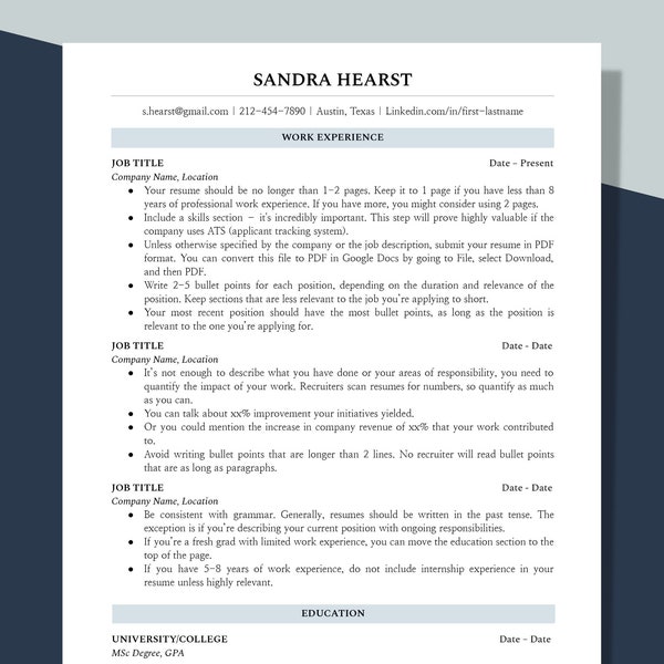 Professional Minimalist Resume Template Single Column Format for Word, Google Docs, 1 Page, Clean Modern CV Resume Template for Executives