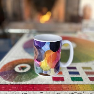 Bubbles Mug 15oz: Colorful coffee cup, tea cup, and soup cup. Original watercolor painting design; great gift for mothers day or fathers day