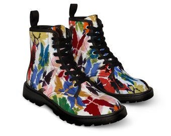 Butterfly Women's Canvas Work Boots: Original watercolor painting all-over print, butterflies, fall, work boots, lace-up, black rubber sole