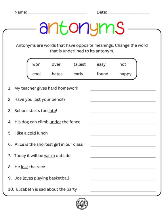 Antonyms Worksheet