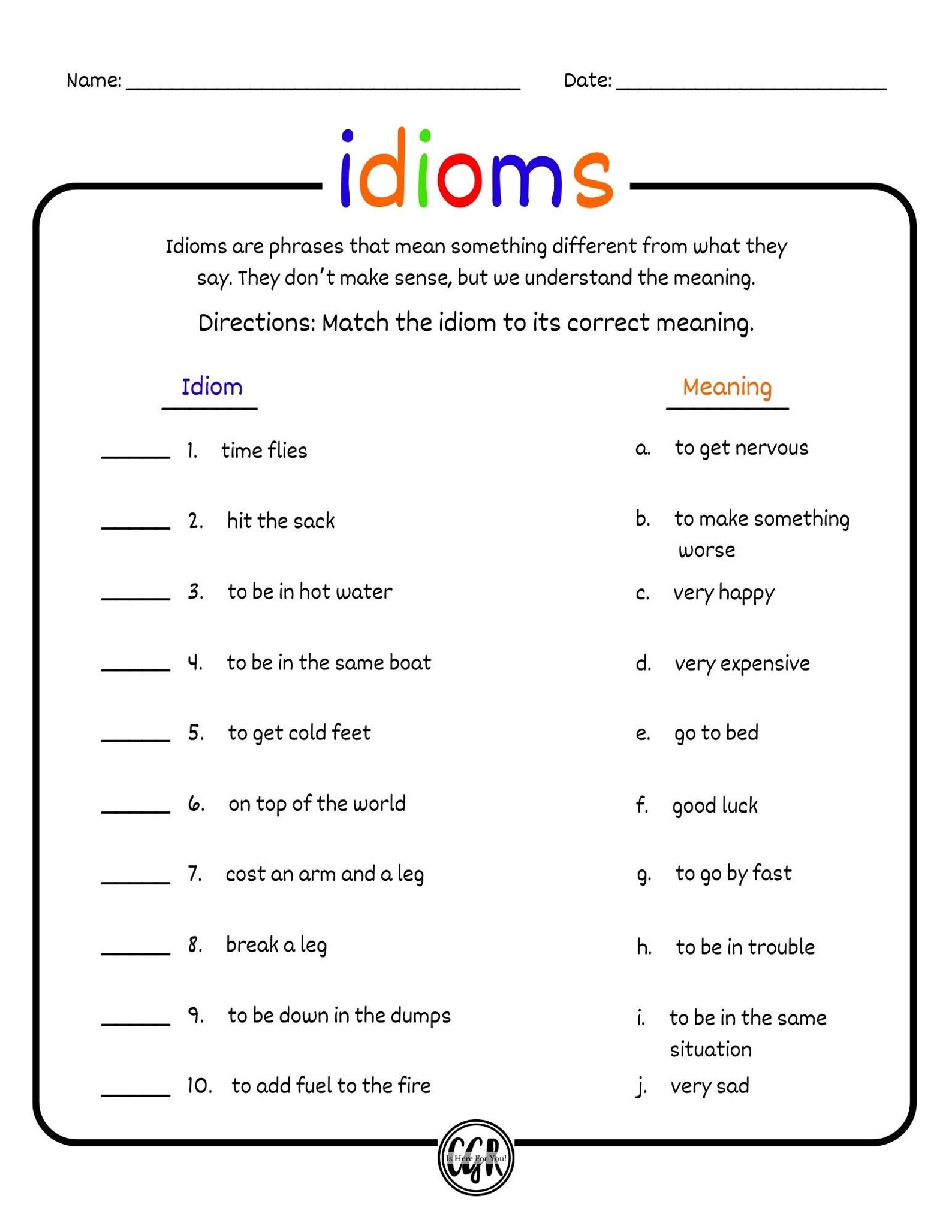 Idioms Worksheet - Etsy