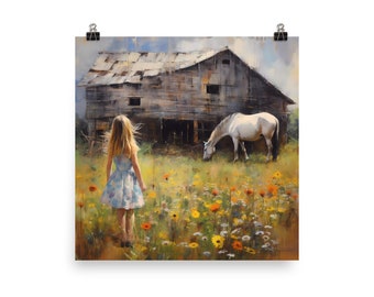 Ragazza e fienile Pittura ad acquerello Poster Wall Art Country Shabby Chic Home Decor