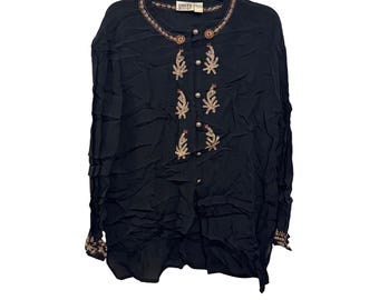 vintage Chicos Design Black Embroidered Button-Front Blouse Size 3  Boho Chic
