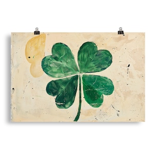 Four Leaf Clover Painting Poster Print St. Patrick&#39;s Day Home Decor Wall Art Lucky Clover Green Maximalist Gift