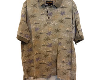 vintage Woolrich Mens Sage Palms Polo Shirt L Palm Tree Print 100% Cotton