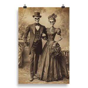 Halloween Poster Print Skeleton Wall Art Horror Victorian Antique Couple Gothic Scary Creepy Home Decor