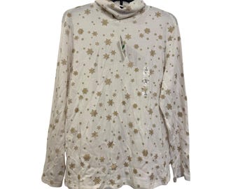 vintage Karen Scott Womens Winter White Gold Snowflake Print Shirt L