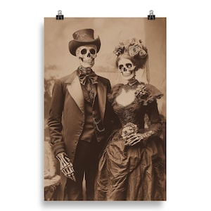 Halloween Poster Print Skeleton Victorian Couple Antique Wall Art Gothic Scary Creepy Spooky Home Decor
