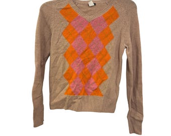 Jersey vintage de cuello en V con estampado de rombos de J.Crew para mujer, 100% lana de cordero, talla M.