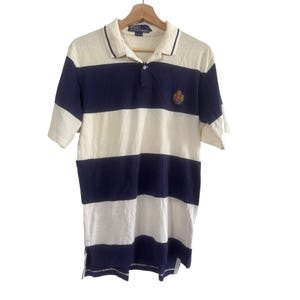 Vintage Polo By Ralph Lauren Mens Navy & White Striped Short Sleeve Polo Shirt Cotton