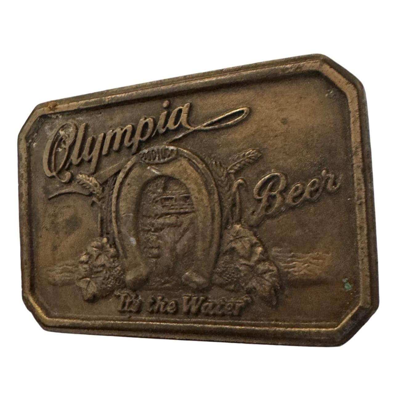 Vintage Olympia Beer Brass Belt Buckle Rectangular Design Embossed