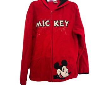 Chaqueta con capucha vintage de Disney, talla S, El maravilloso mundo de Disney, para niños, Mickey Mouse, polar rojo, cremallera completa, cálida