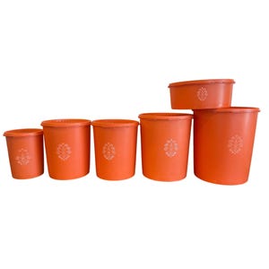May include: A collection of six orange plastic food storage containers with lids. Each container features a white floral design. The containers vary in size, including a rectangular one. They are arranged against a white backdrop.