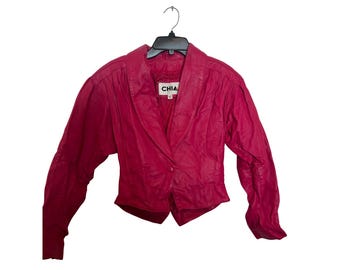 Vintage CHIA Hot Pink Leather Cropped Jacket With Button Closure & Belted Waist
