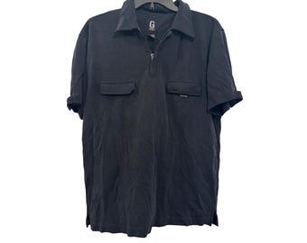 vintage Y2K Guess Jeans Black Polo Shirt M Short Sleeve Front Pockets Half-Zip