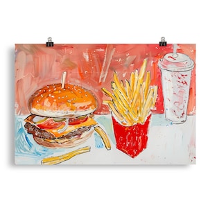 Kitchen Abstract Painting Poster Print Hamburger And Fries Wall Art Fast Food Home Decor Funny Maximalist Design Gift Kids Room