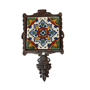 Vintage Ceramic Tile With Ornate Cast Iron Frame & Finial Design