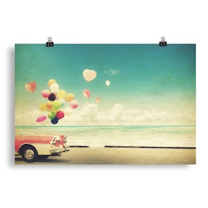Vintage Różowy Samochód Plakat Plaża Ściana Sztuka Wydruk Balony Retro Wystrój Domu Prezent
