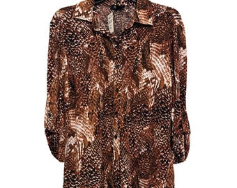 vintage Peck & Peck Womens Snake Print Button-Up Shirt Medium Brown
