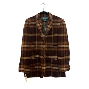 Chaqueta blazer vintage de lana a cuadros marrón Lauren Ralph Lauren para mujer, talla 6, 100 % lana de cordero con botones adicionales