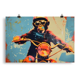 May include: A colorful illustration of a monkey wearing sunglasses and a helmet riding a motorcycle. The background is a mix of blue, yellow, and orange.