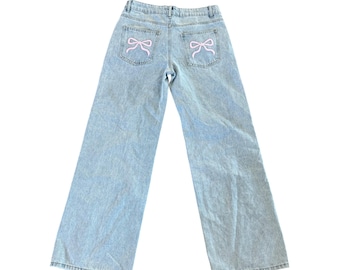 Edikted Womens pink bow Wide-Leg Denim Jeans Size M Light Wash Pockets USA