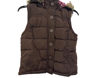 vintage Aeropostale Brown Puffer Vest Faux Fur Hood & Pink Plaid  Womens Large