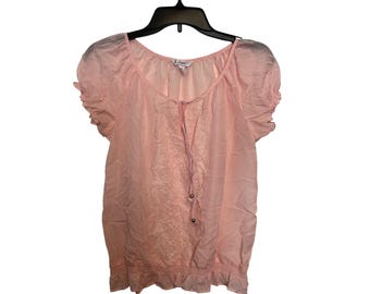 Vintage Y2K Candies Pink Short Sleeve Blouse With Embroidered Front & Adjustable Tie Neckline Size S