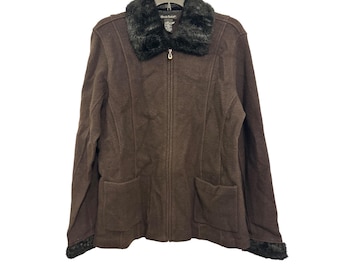 vintage Alexandra Bartlett Brown Wool Jacket Faux Fur Collar & Cuffs Size Large