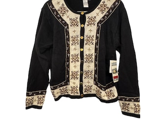 Dressbarn Cardigan Sweater Womens Size L Black / Cream Embroidered Button Front Knit
