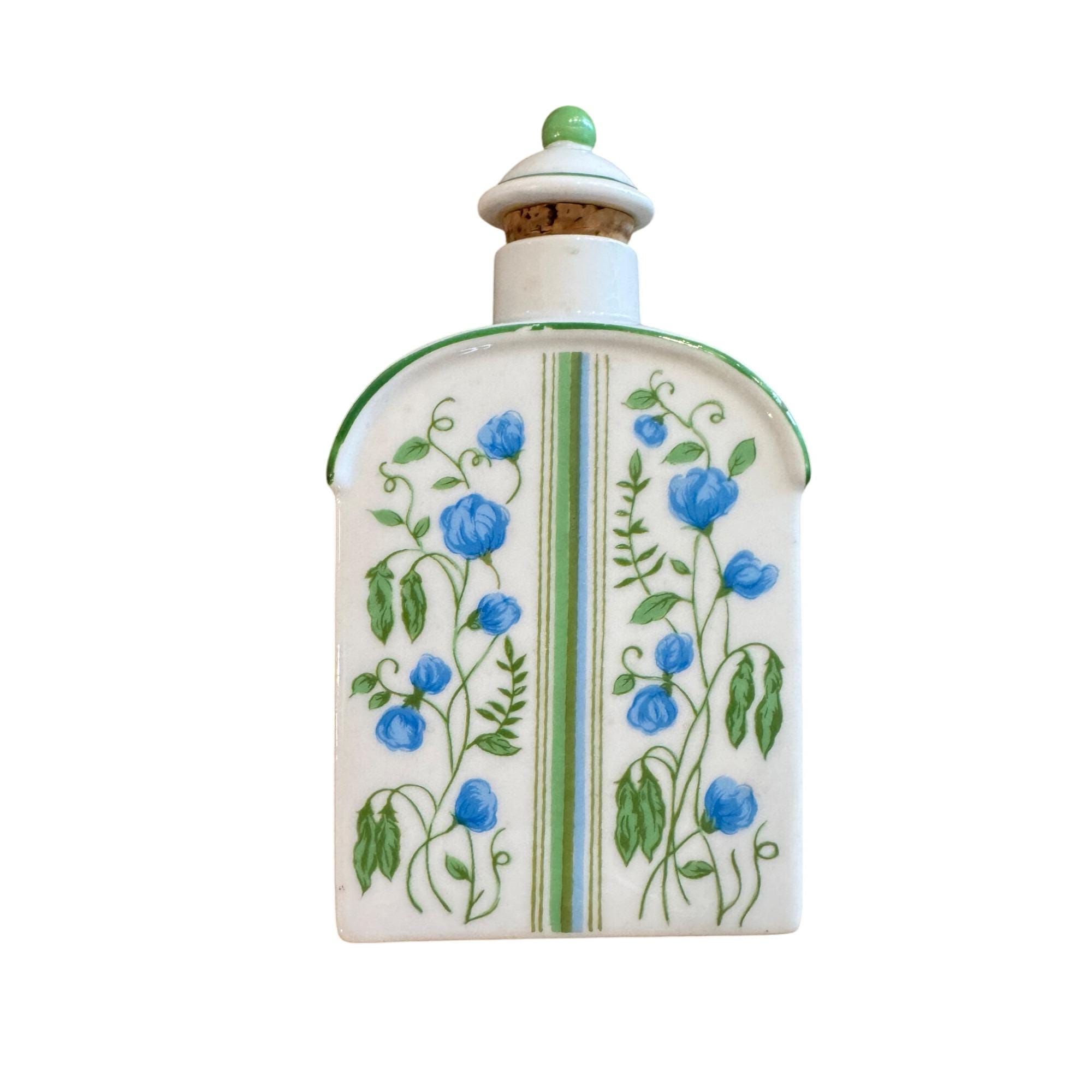 Vintage Ceramic Floral Perfume Bottle With Stopper 6"x3" Blue Green White Pattern
