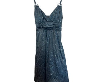 jodi kristopher blue dress Vintage Sequin Cocktail With Rhinestone Straps & Tie Back Size M 17.0 inch Pit to staple KissProm Blue Spaghetti Straps Women's size:20W