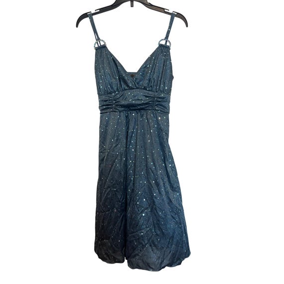Vintage Jodi Kristopher Blue Sequin Cocktail Dress With Rhinestone Straps & Tie Back Size M