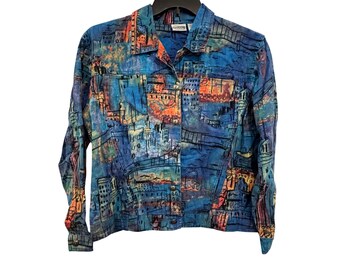 vintage Chicos Blue Multicolor Button-Up Jacket Size 1 Cityscape Cotton Linen