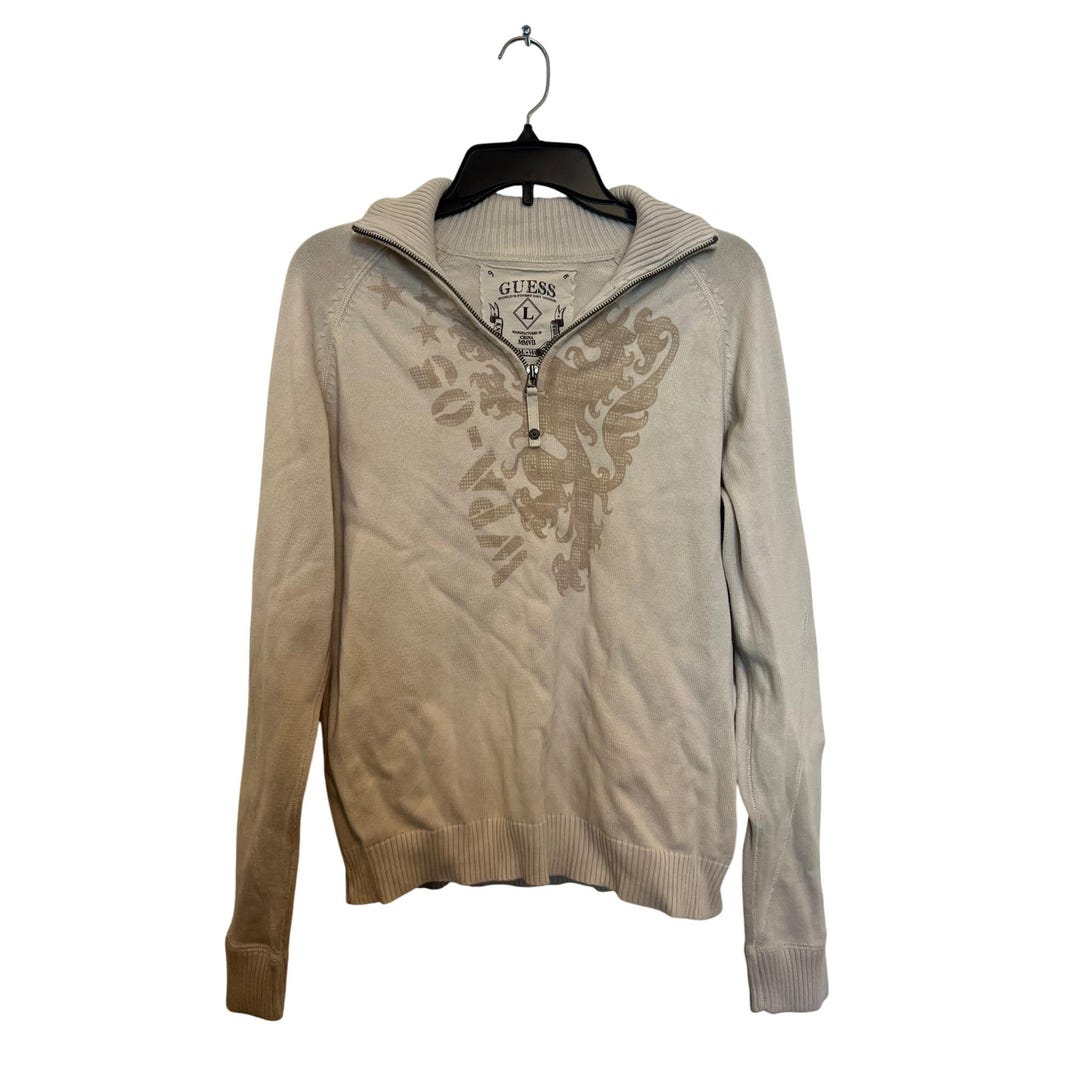 Vintage Guess Beige Half-zip Pullover Sweater With Lion Graphic