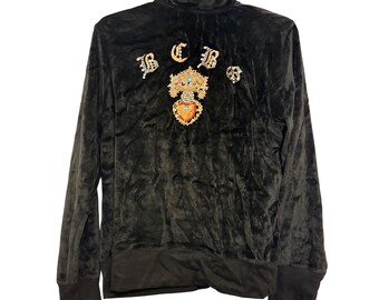 vintage Y2K BCBGMAXAZRIA Black Velour Jacket XL Rhinestone Heart Crest